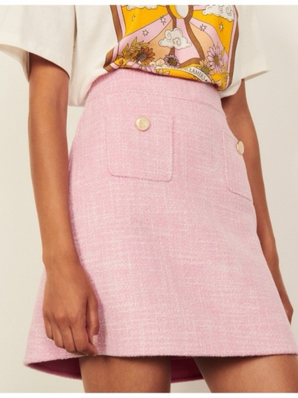 Sandro Pink Tweed Mini Skirt with Front Pockets